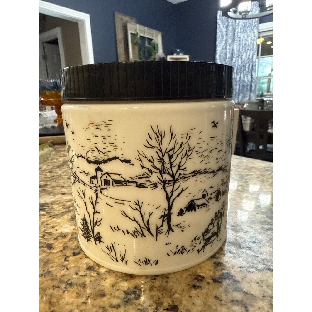 Vintage Milk Glass Canister Black Winter Barn Scene Black Lid 5in Storage Jar